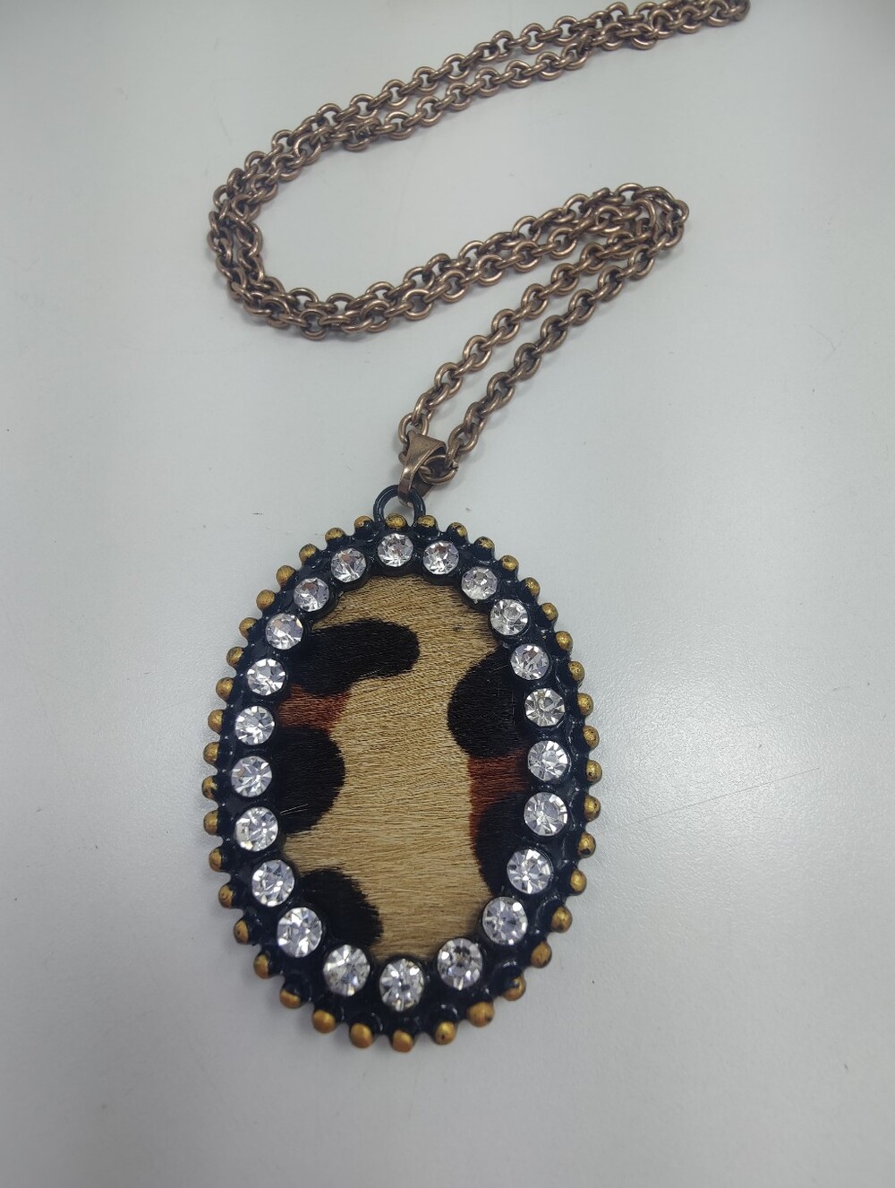 No. 3 Genuine Leather Leopard Print Rhinestone Pendant Necklace NWT 28"